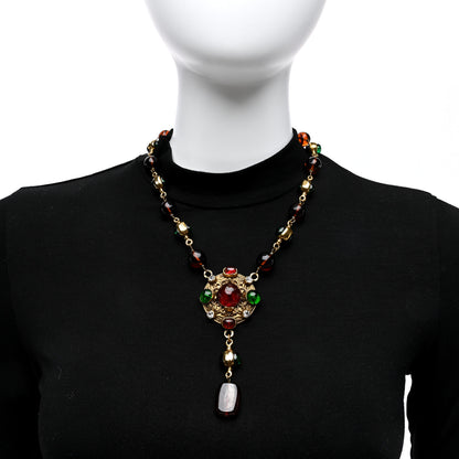 Chanel Bead Gripoix Poured Glass Pendant Necklace Gold Red Green 2 of 4