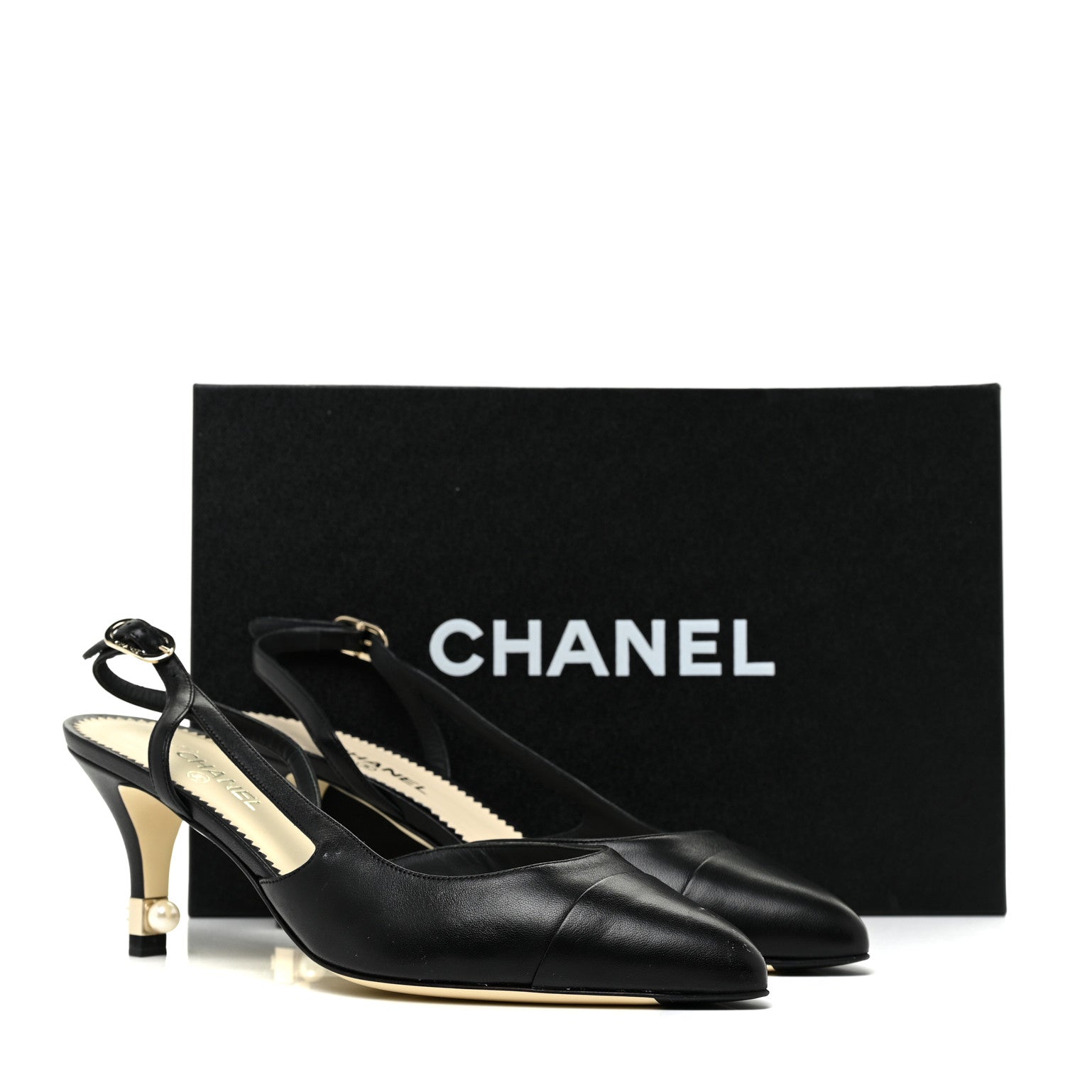 Chanel Lambskin Pearl Cap Toe CC Slingback Pumps 37.5 Black 9 of 9