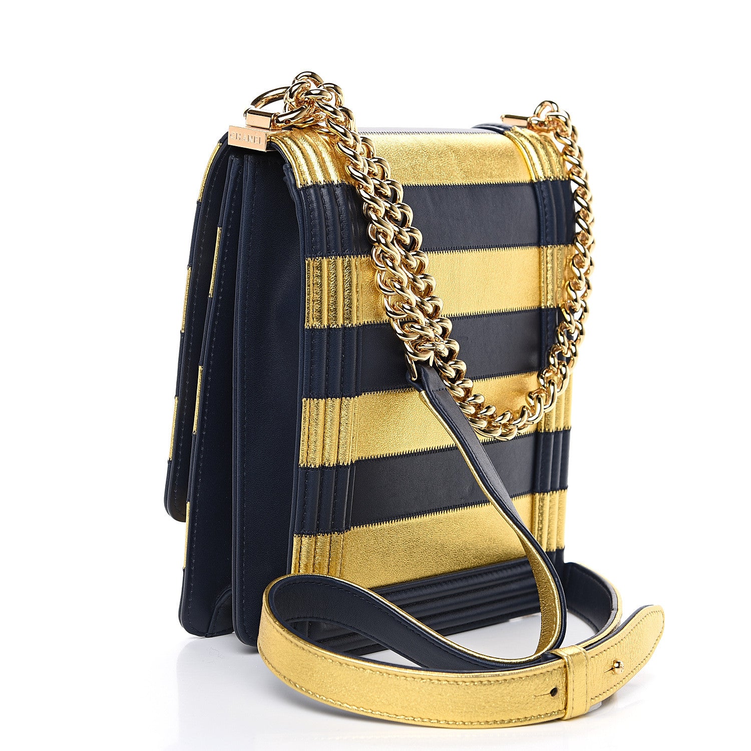 Chanel Metallic Lambskin Striped North South Boy Flap Navy Gold 2 of 7