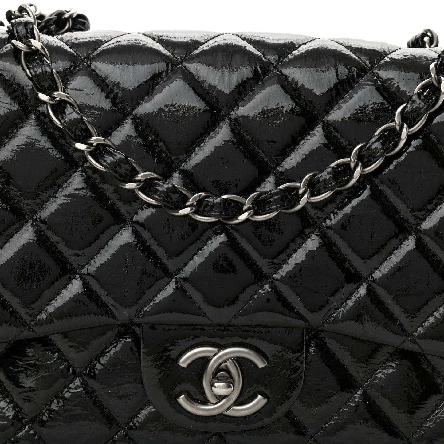 Crinkled Patent Quilted Jumbo Single Flap Black