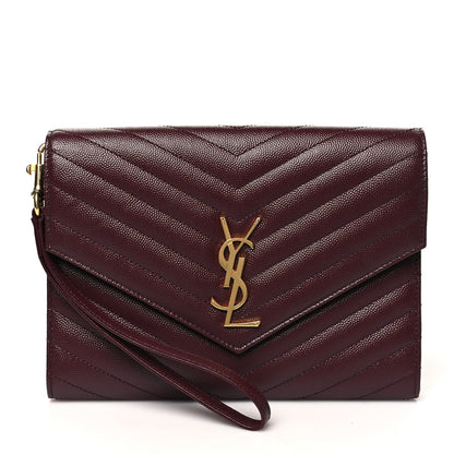 Saint Laurent Grain De Poudre Matelasse Chevron Monogram Envelope Clutch Rouge Legion 1 of 9