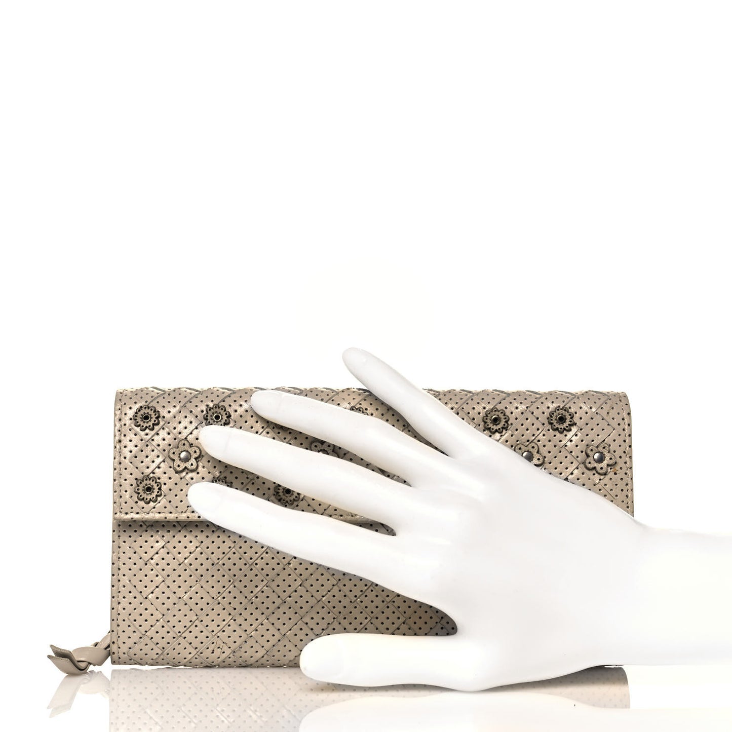 Nappa Intrecciato Perforated Studded Flower Continental Flap Wallet Light Beige
