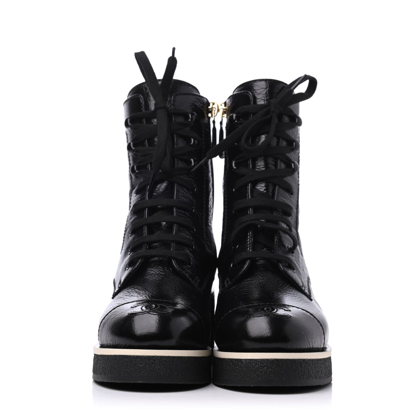 Shiny Crumpled Lambskin Lace Up Combat Boots 35.5 Black