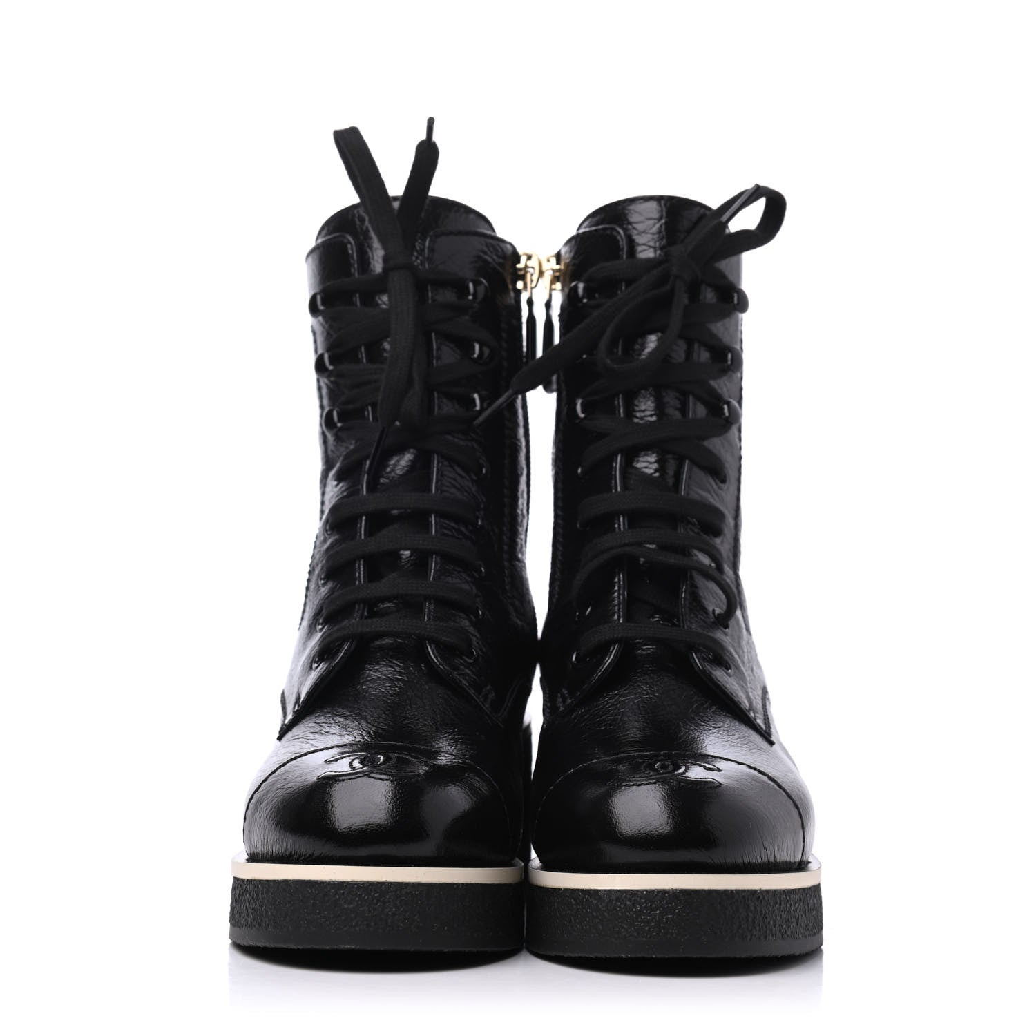 Chanel Shiny Crumpled Lambskin Lace Up Combat Boots 35.5 Black 2 of 13