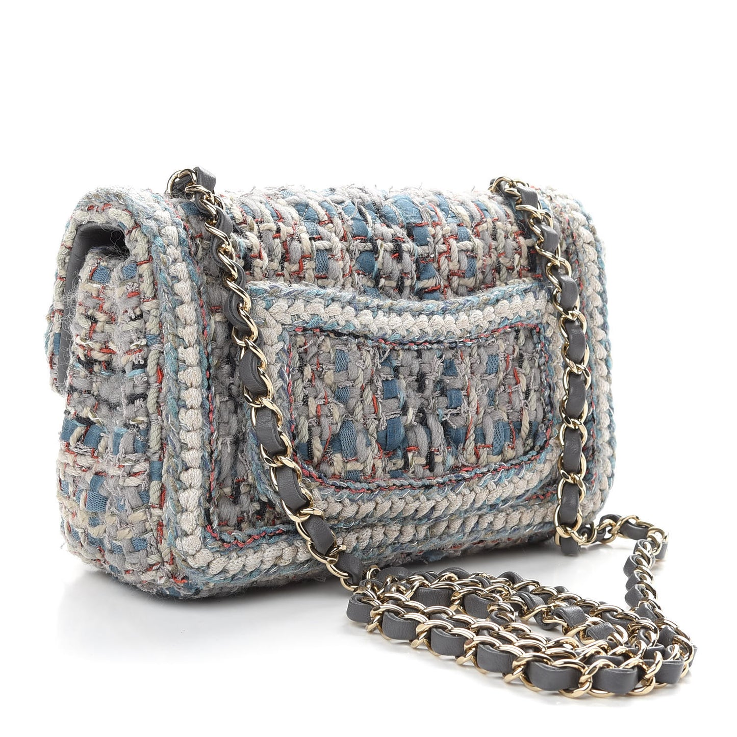 Tweed Quilted Mini Square Flap Bag Blue