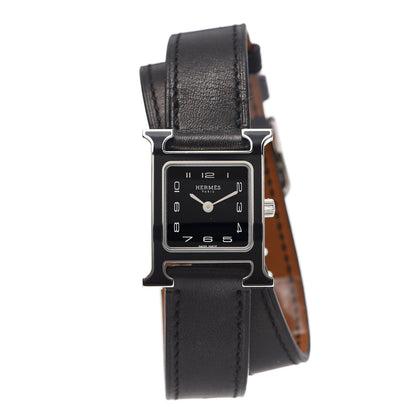 Hermes Stainless Steel Barenia Lacquer 21mm Heure H Hour Double Tour Quartz Watch Noir 1 of 5