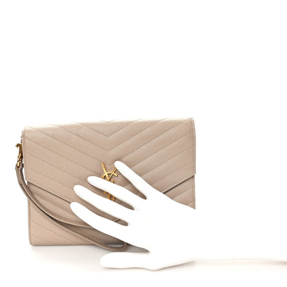 Saint Laurent Grain De Poudre Matelasse Chevron Monogram Envelope Clutch Dark Beige 2 of 7