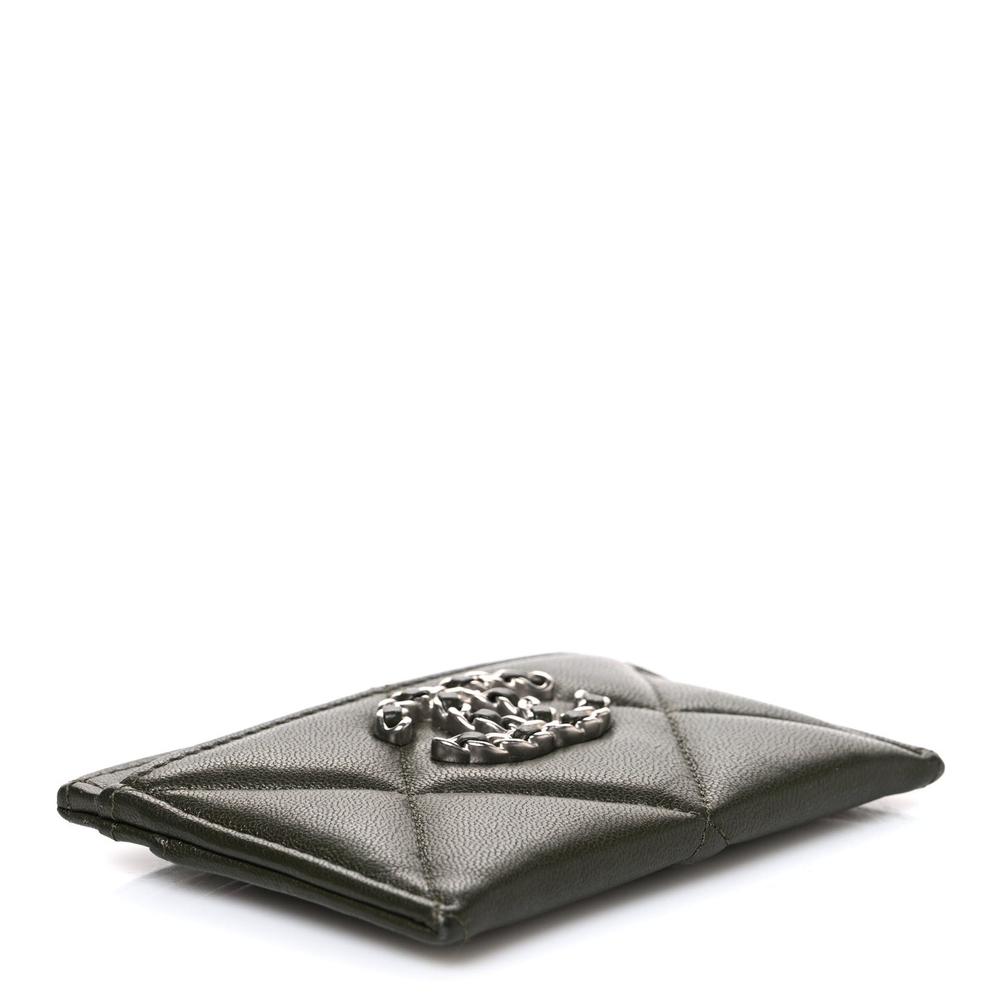 Lambskin Quilted Chanel 19 Card Holder Khaki