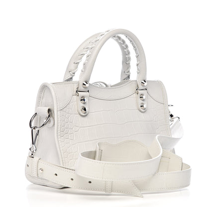 Balenciaga Matte Supple Lambskin Crocodile Embossed Classic Silver Hardware Mini City White 3 of 10