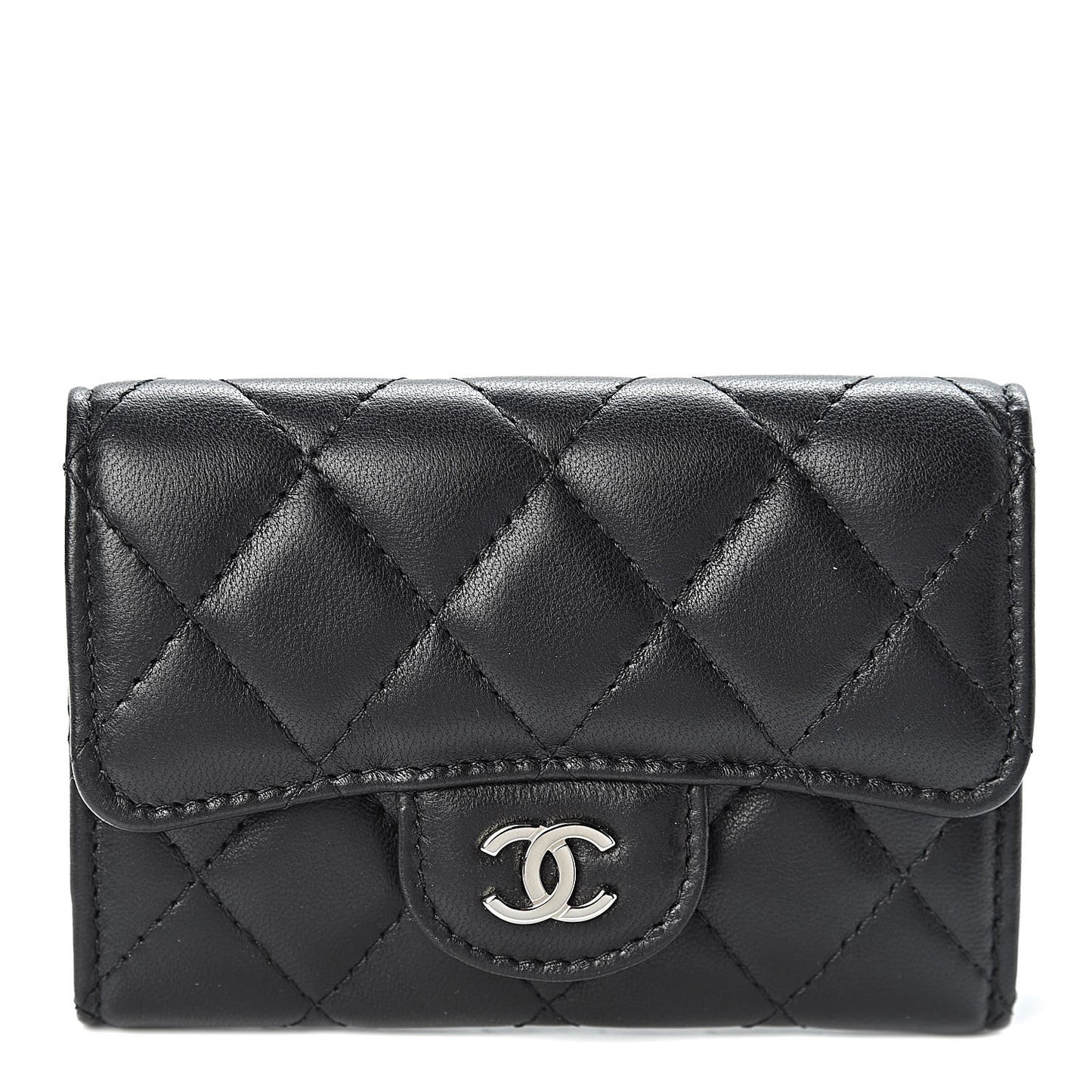 Lambskin Quilted Flap Card Holder Black