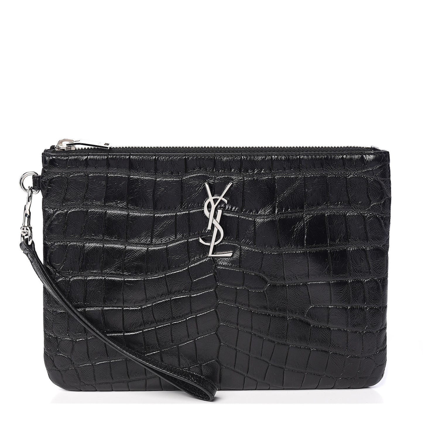 Calfskin Crocodile Embossed Monogram Zip Pouch Black