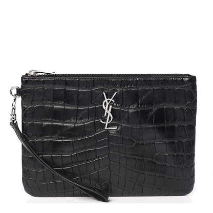 Saint Laurent Calfskin Crocodile Embossed Monogram Zip Pouch Black 1 of 9