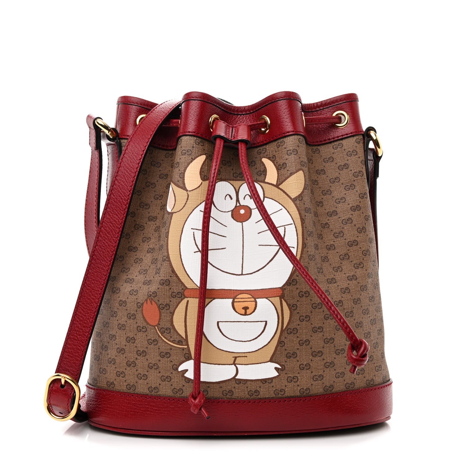 Gucci X DORAEMON Vintage GG Supreme Monogram Small Bucket Bag Beige Cherry Red 1 of 13