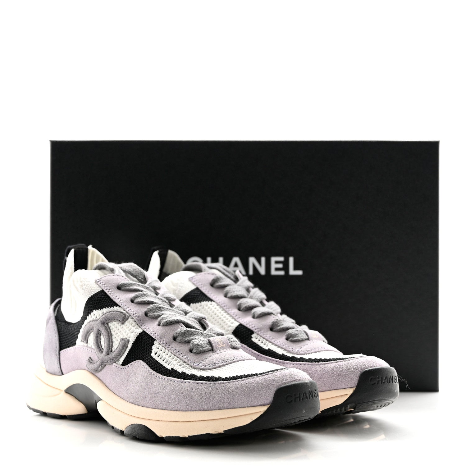 Chanel Mesh Suede Fabric Womens CC Sneakers 39 White Black Purple Dark Purple 9 of 9