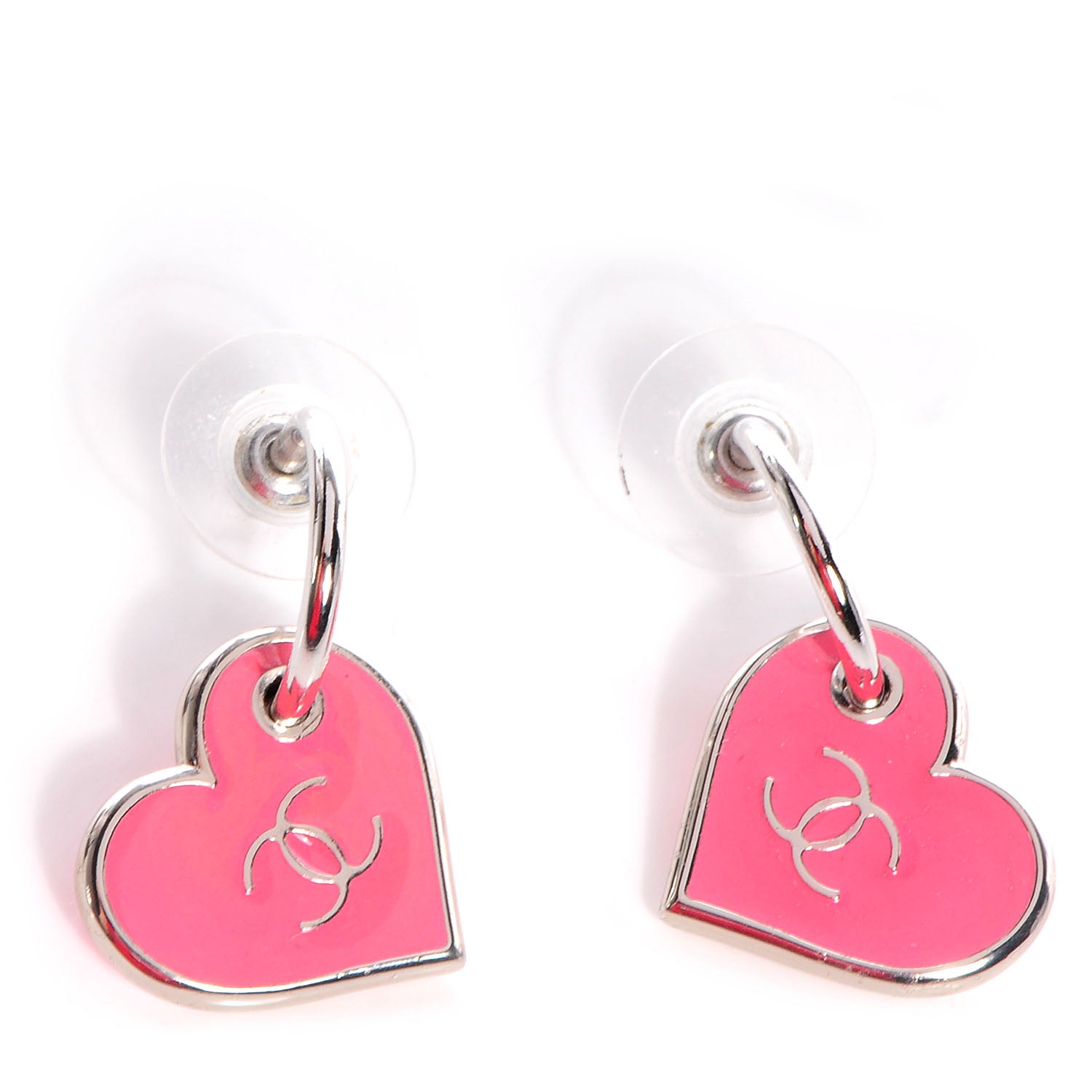 Chanel Enamel Valentine CC Heart Earrings Pink Silver 1 of 4