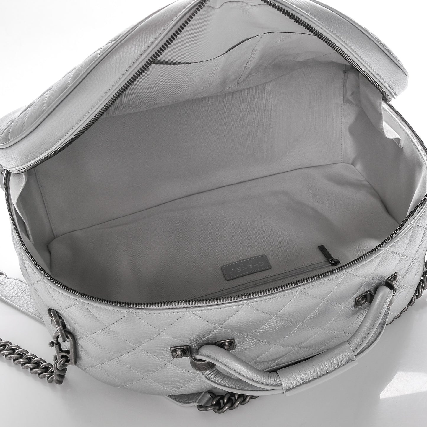 Metallic Calfskin Quilted Large Airlines Round Trip Bowling Bag Silver
