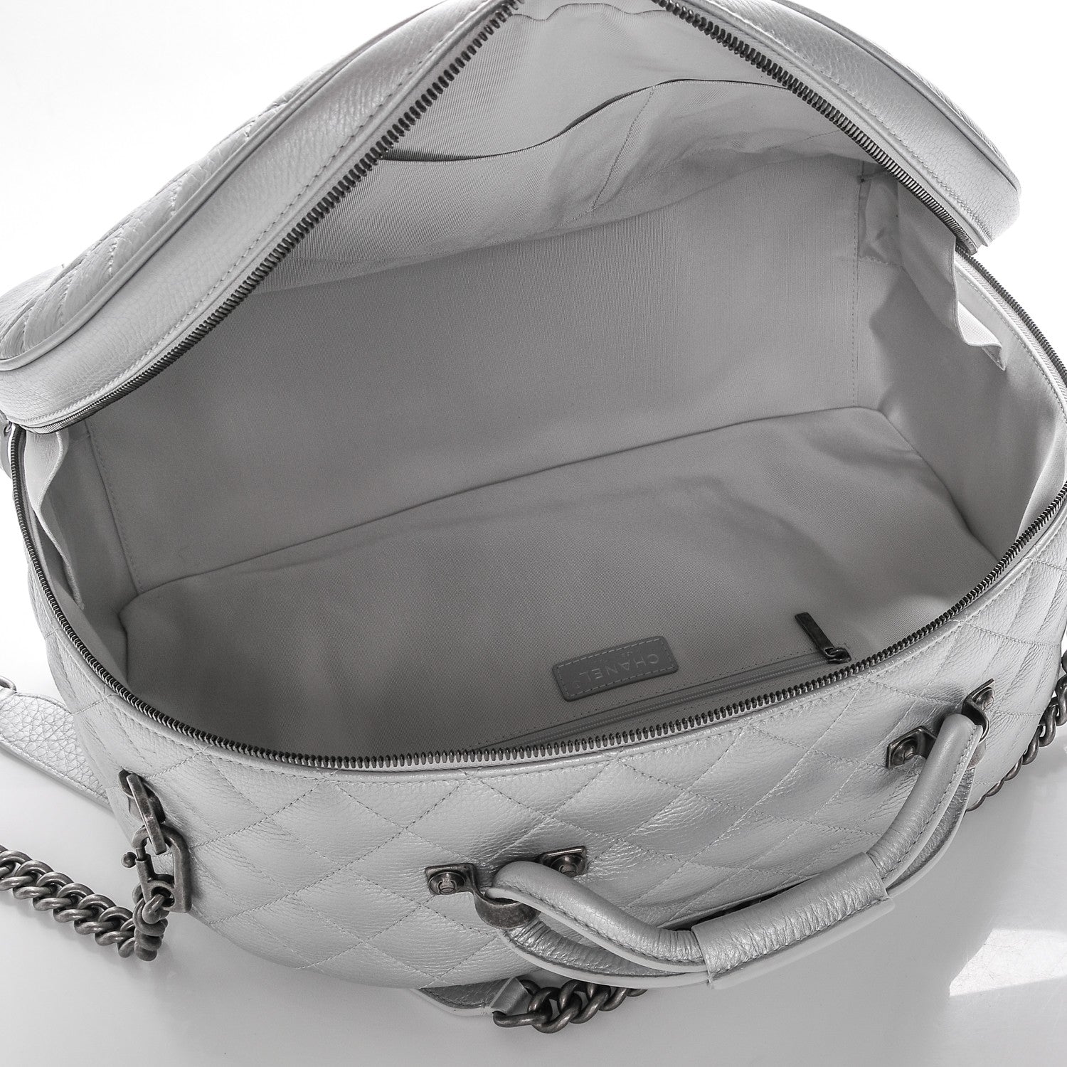 Chanel Metallic Calfskin Quilted Large Airlines Round Trip Bowling Bag Silver 5 of 7