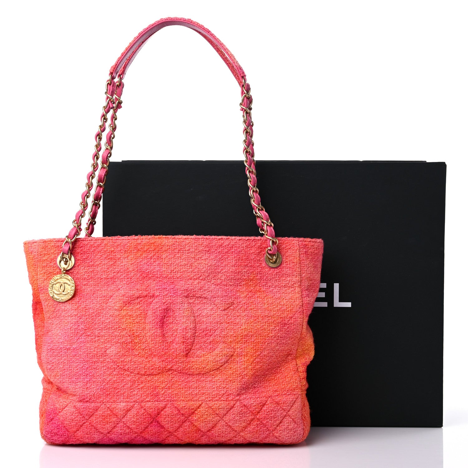Chanel Tweed Quilted CC Shopping Tote Pink Orange 11 of 11