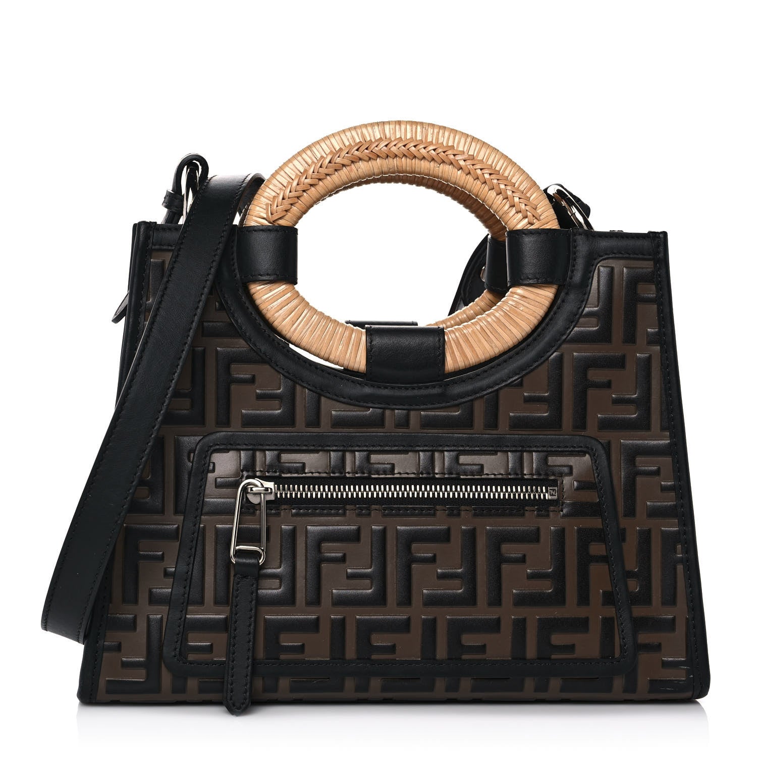 Fendi Vitello Century Wicker Bi-Color FF 1974 Embossed Small Runaway Shopper Tote Maya Black 1 of 10