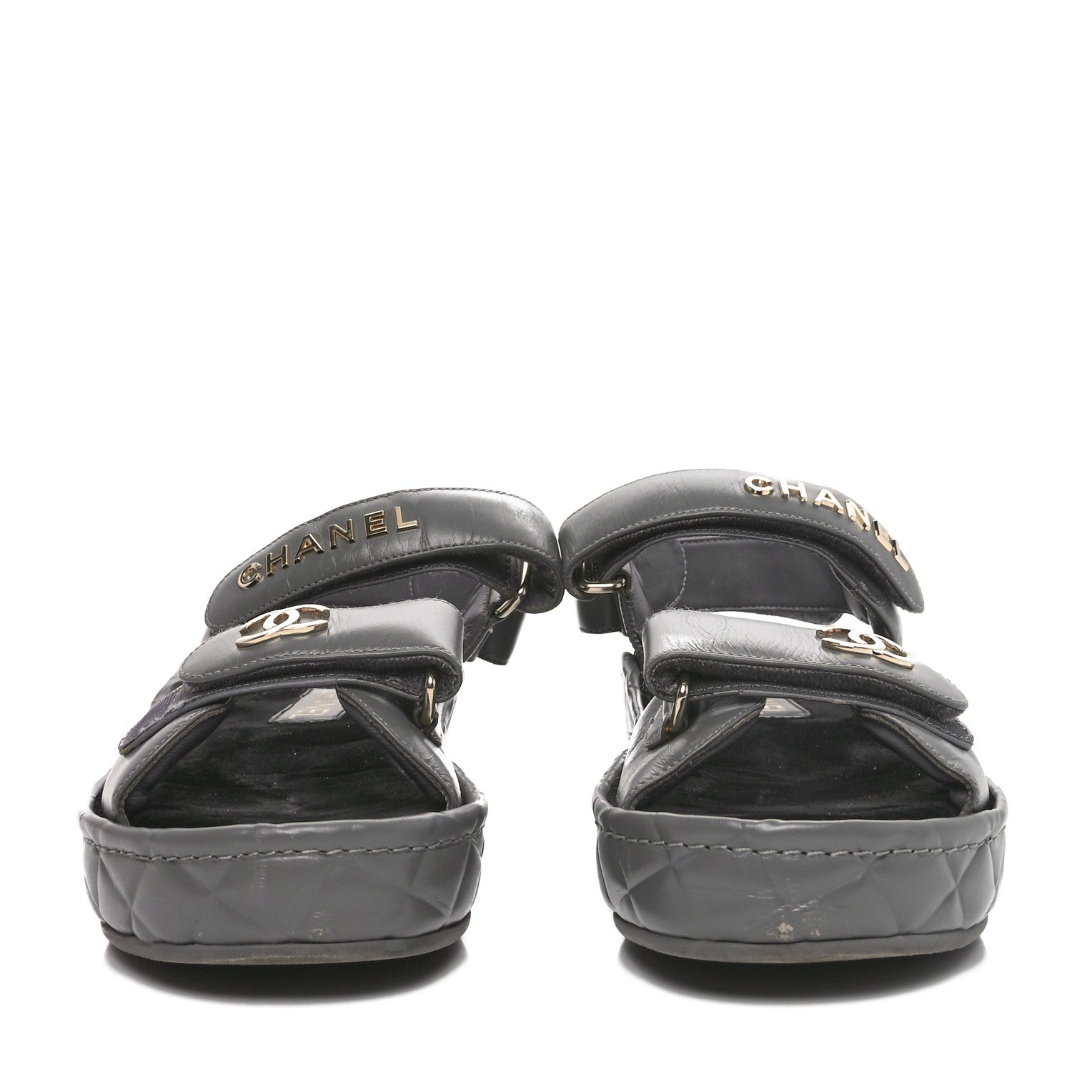 Chanel Shiny Calfskin Logo Platform Sandals 38 Grey 1687845