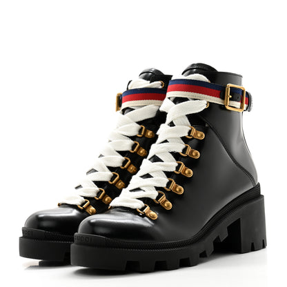 Gucci Calfskin Sylvie Web Womens Lace Up Combat Boots 36 Black 3 of 11