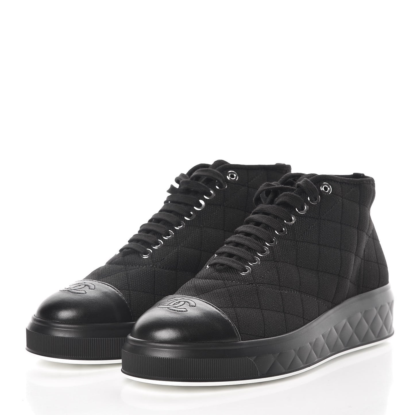 Fabric Quilted Lambskin Cap Toe Lace Up Sneakers 39 Black