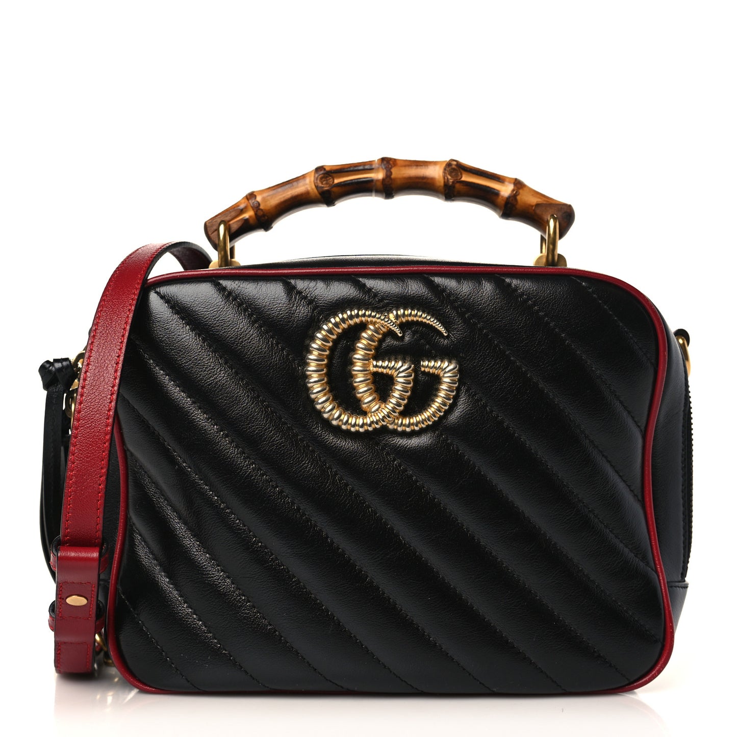 Vintage Effect Calfskin Matelasse Diagonal Small Torchon GG Marmont Bamboo Top Handle Shoulder Bag Black Romantic Cherry