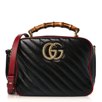 Gucci Vintage Effect Calfskin Matelasse Diagonal Small Torchon GG Marmont Bamboo Top Handle Shoulder Bag Black Romantic Cherry 1 of 9