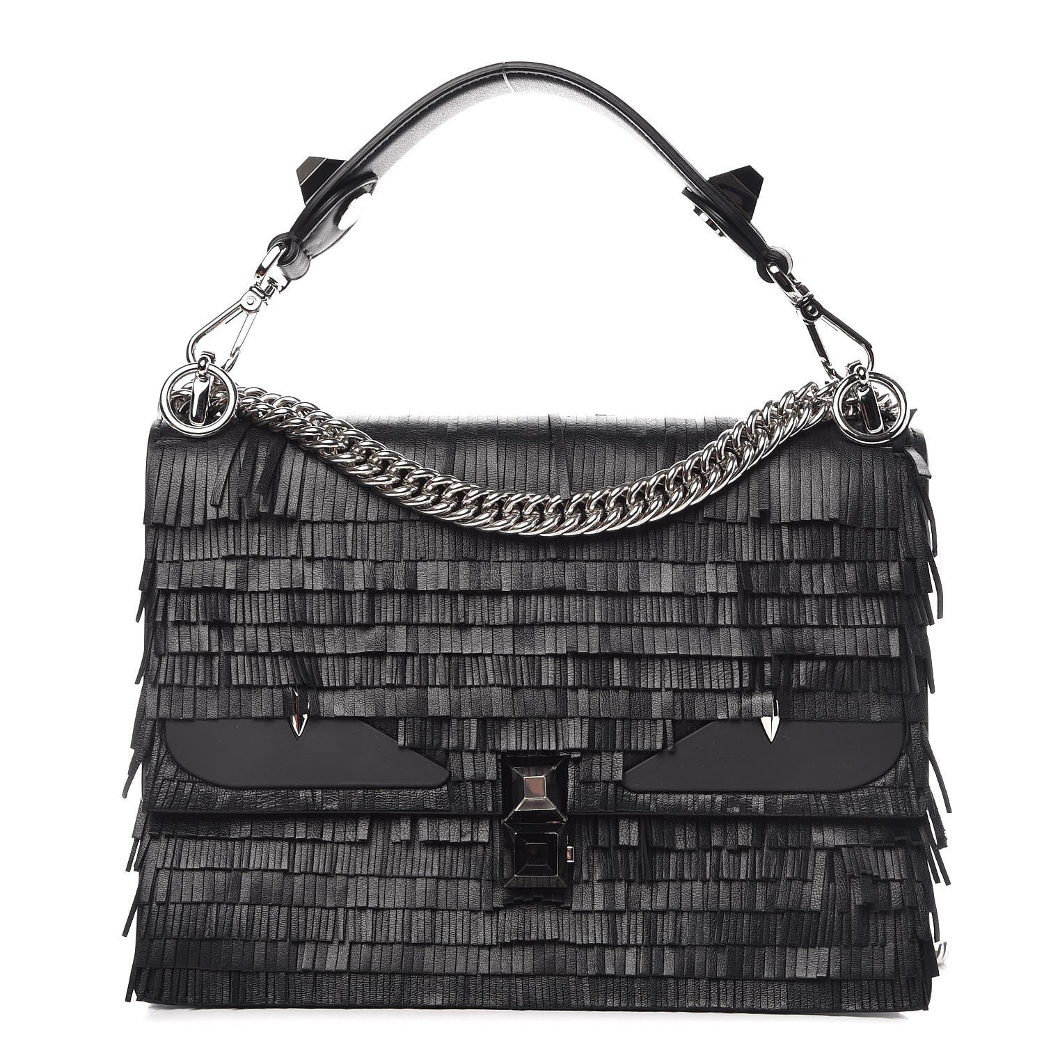 Fendi Vitello Century Opaco Monster Eyes Fringe Studded Kan I Shoulder Bag Black 1 of 7