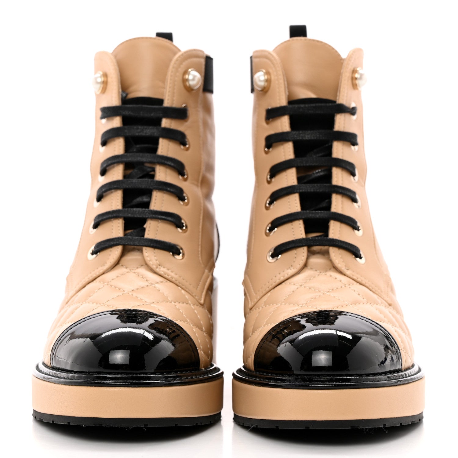 Chanel Calfskin Patent Calfskin Quilted Lace Up Boots 37 Beige Black 2 of 10