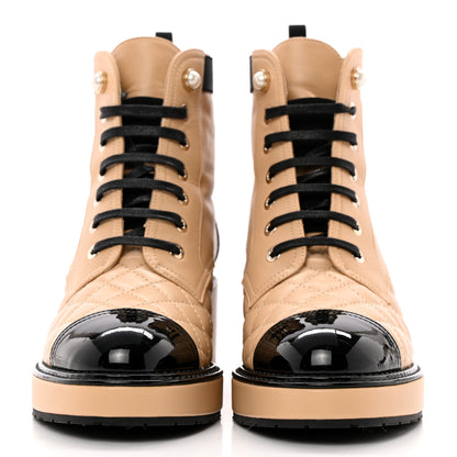 Chanel Calfskin Patent Calfskin Quilted Lace Up Boots 37 Beige Black 2 of 10