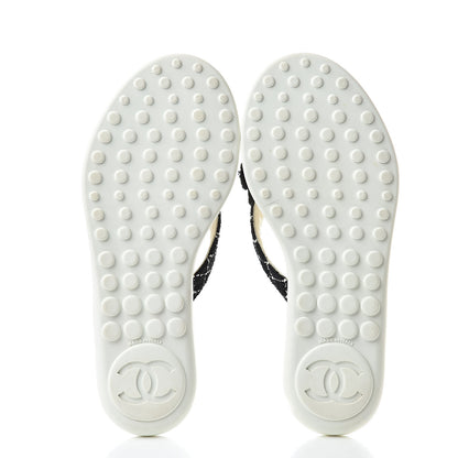 Chanel Tweed Quilted Camellia Thong Sandals 36 Black White 5 of 8