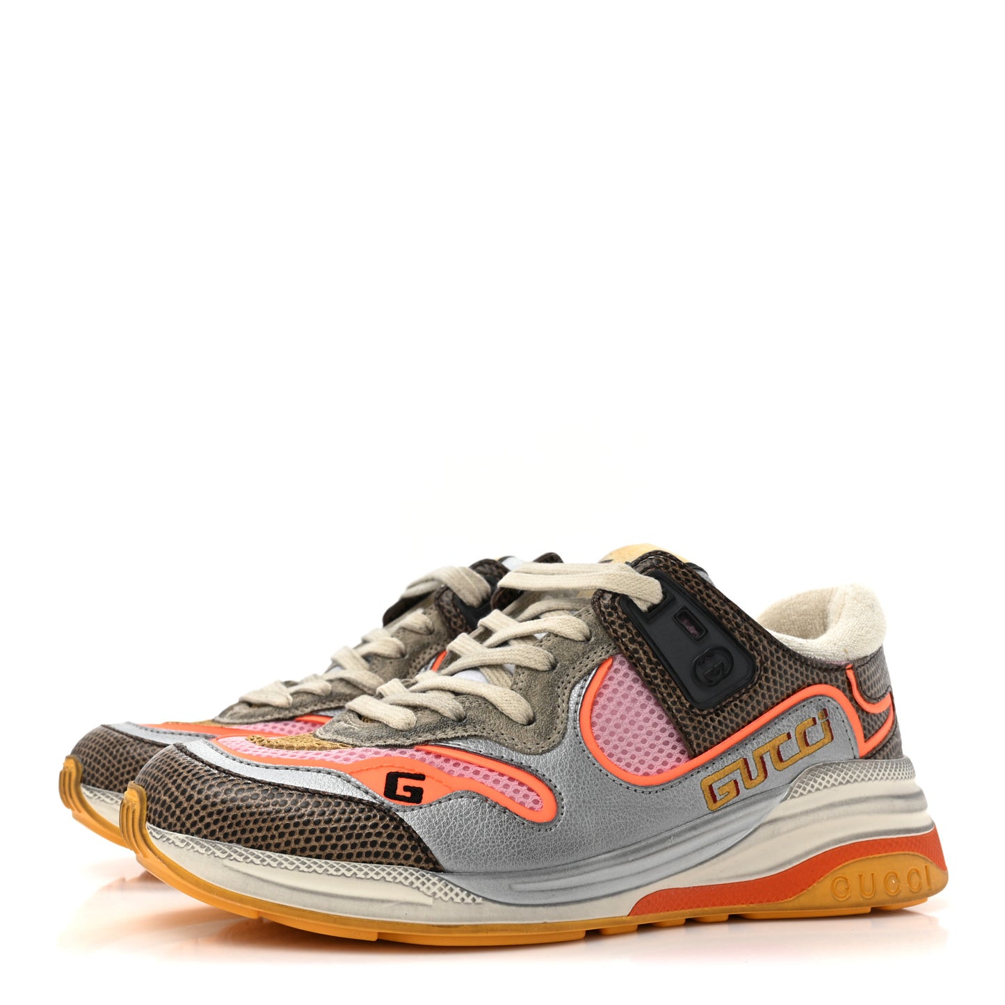 Calfskin Suede Mesh Lizard Embossed Womens Ultrapace Sneakers 35.5 Silver Anthracite Neon Orange