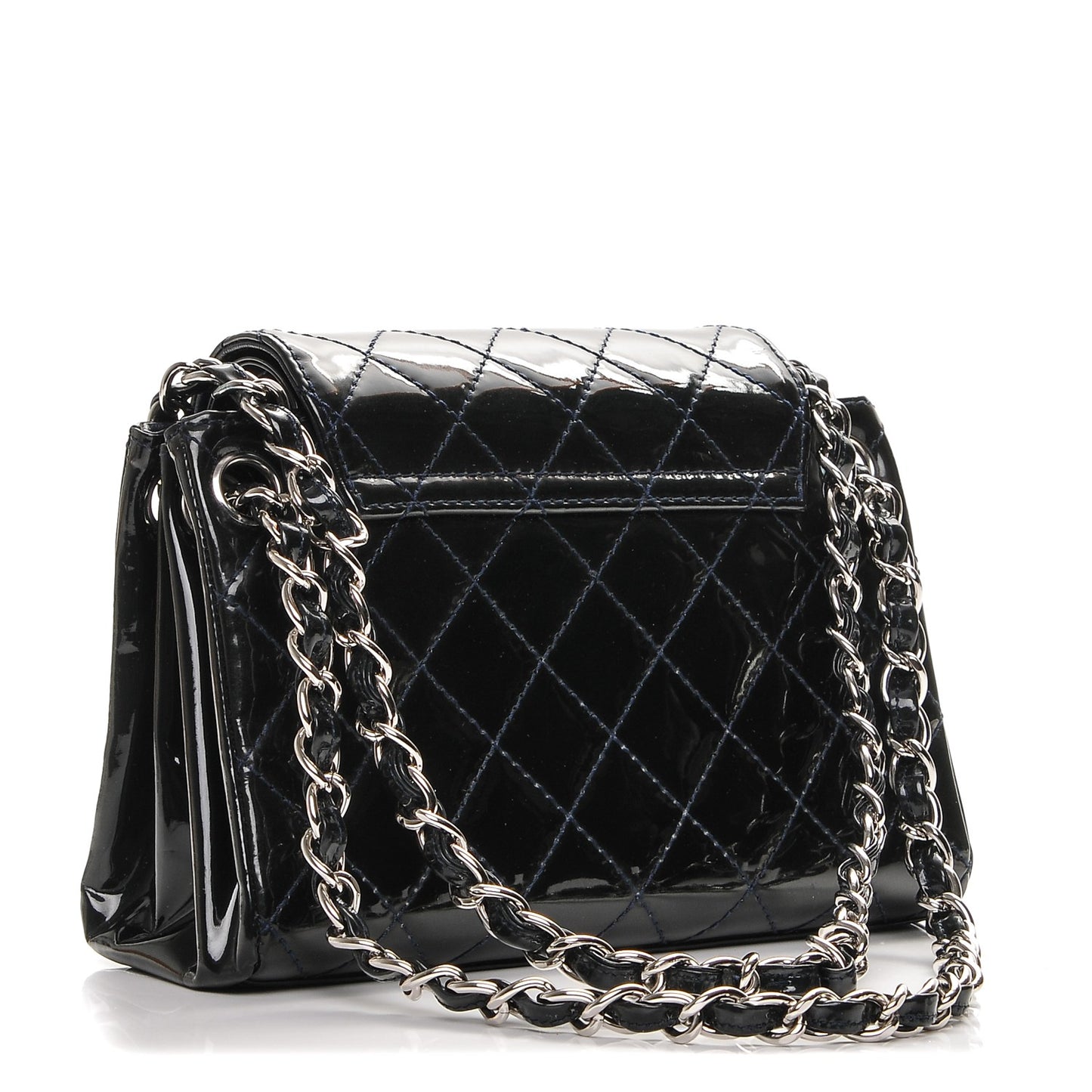 Patent Quilted Accordion Double Flap Navy Blue