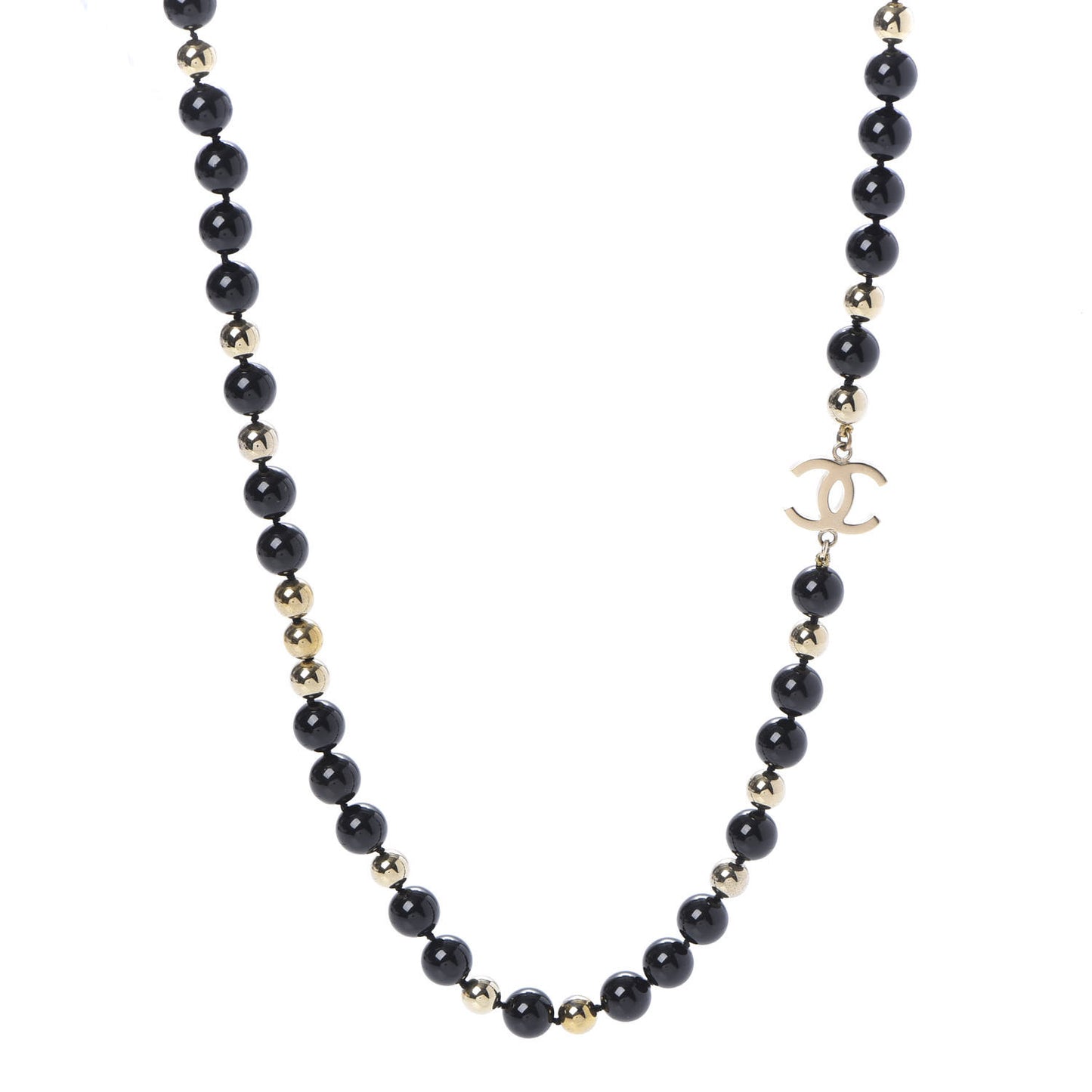 Beaded CC Long Necklace Black Gold