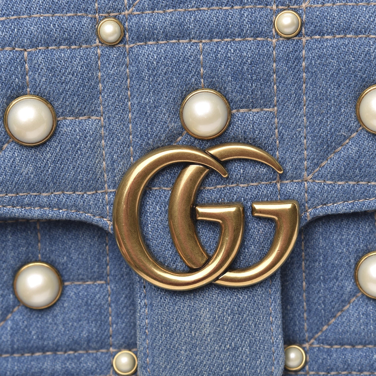 Gucci Denim Matelasse Pearl Studded Mini GG Marmont Shoulder Bag Blue 10 of 11