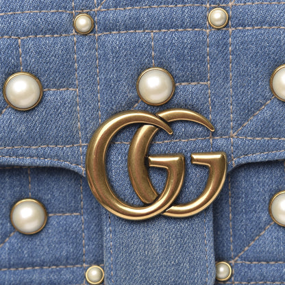 Gucci Denim Matelasse Pearl Studded Mini GG Marmont Shoulder Bag Blue 10 of 11