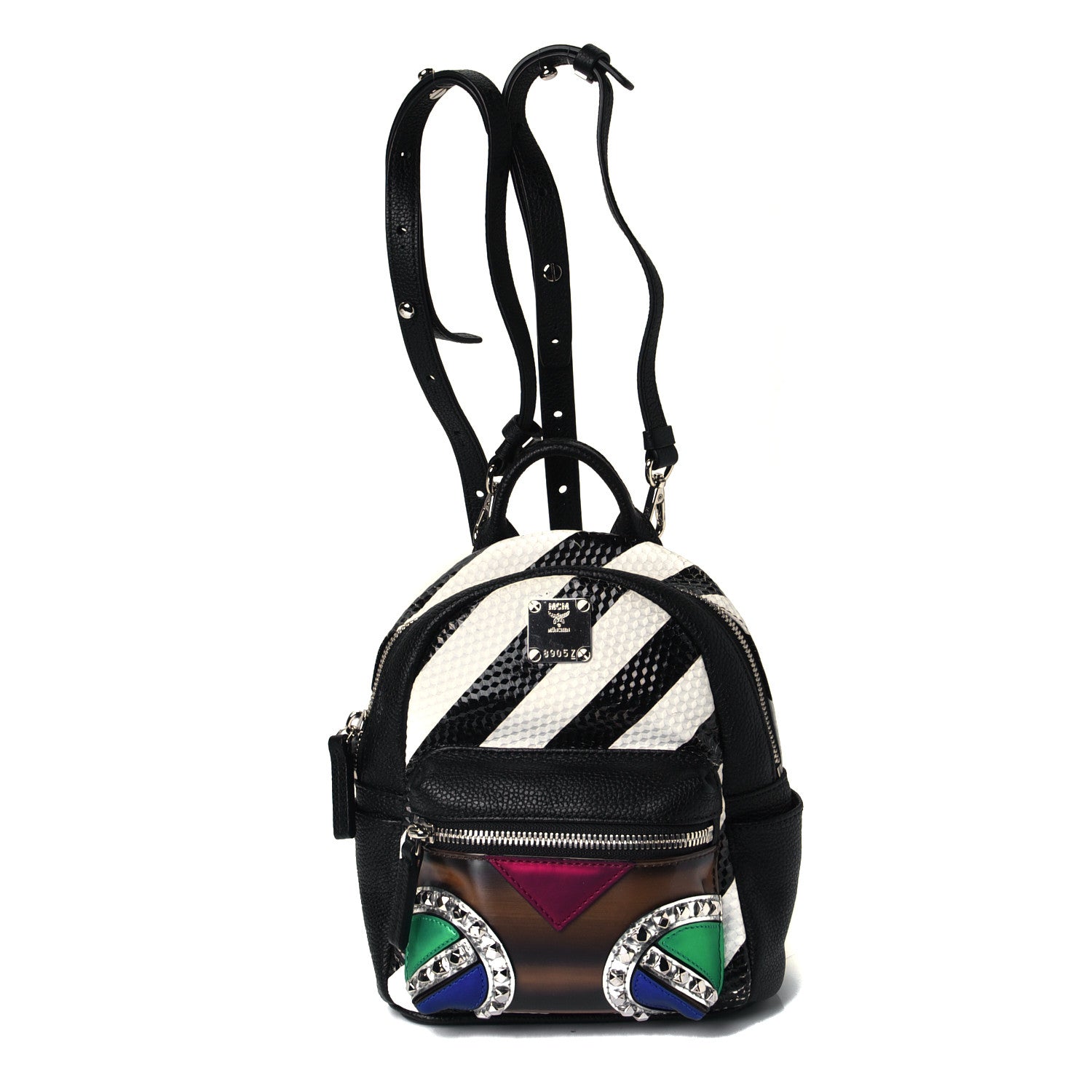 MCM Calfskin Striped X-Mini Roboter Mixed-Media Backpack Black White Multicolor 1 of 4