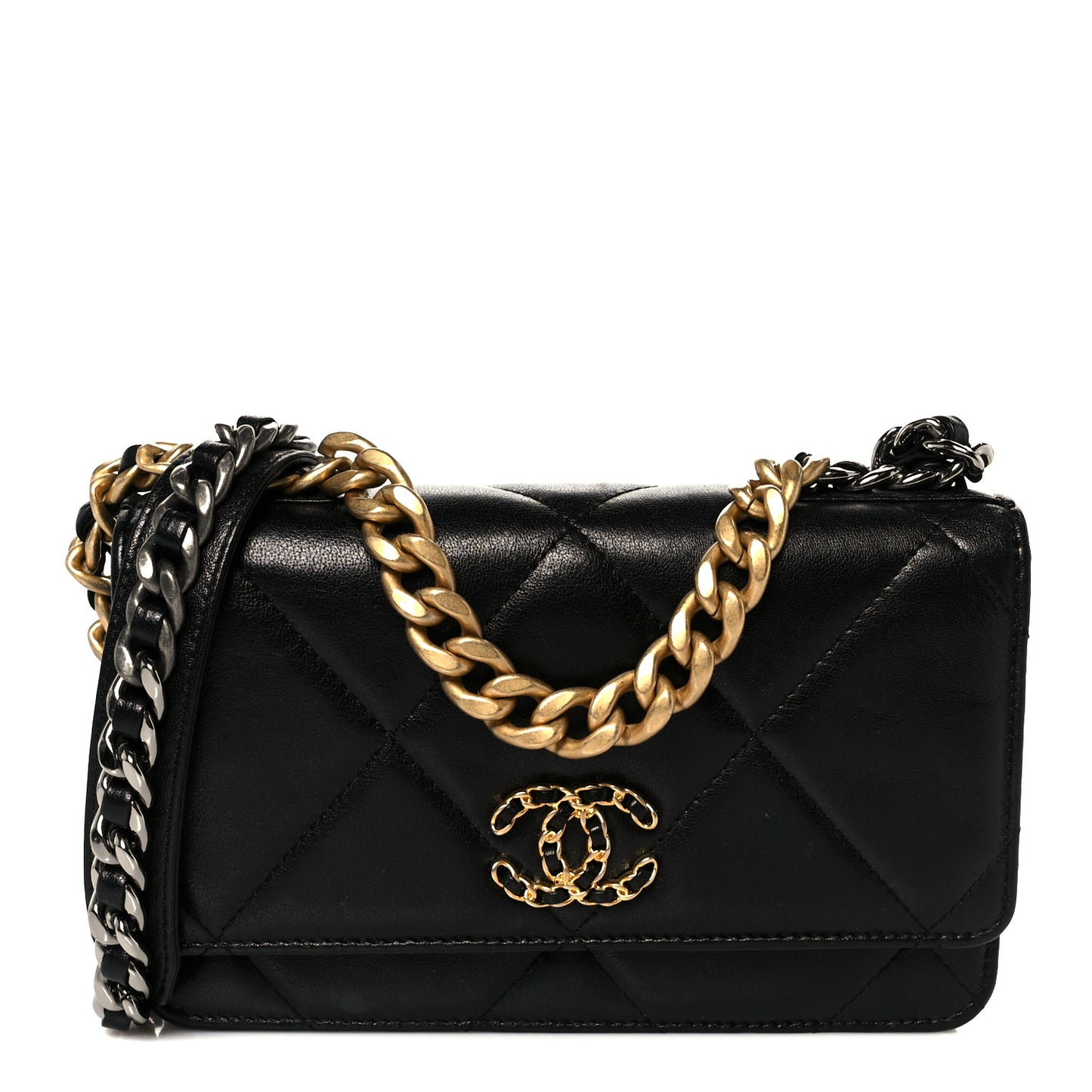 Goatskin Quilted Chanel 19 Wallet On Chain WOC Black