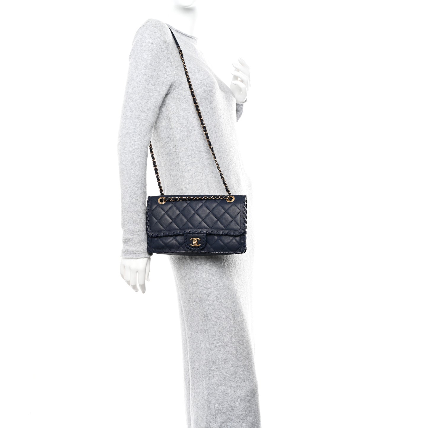 Iridescent Calfskin Small Happy Stitch Flap Navy