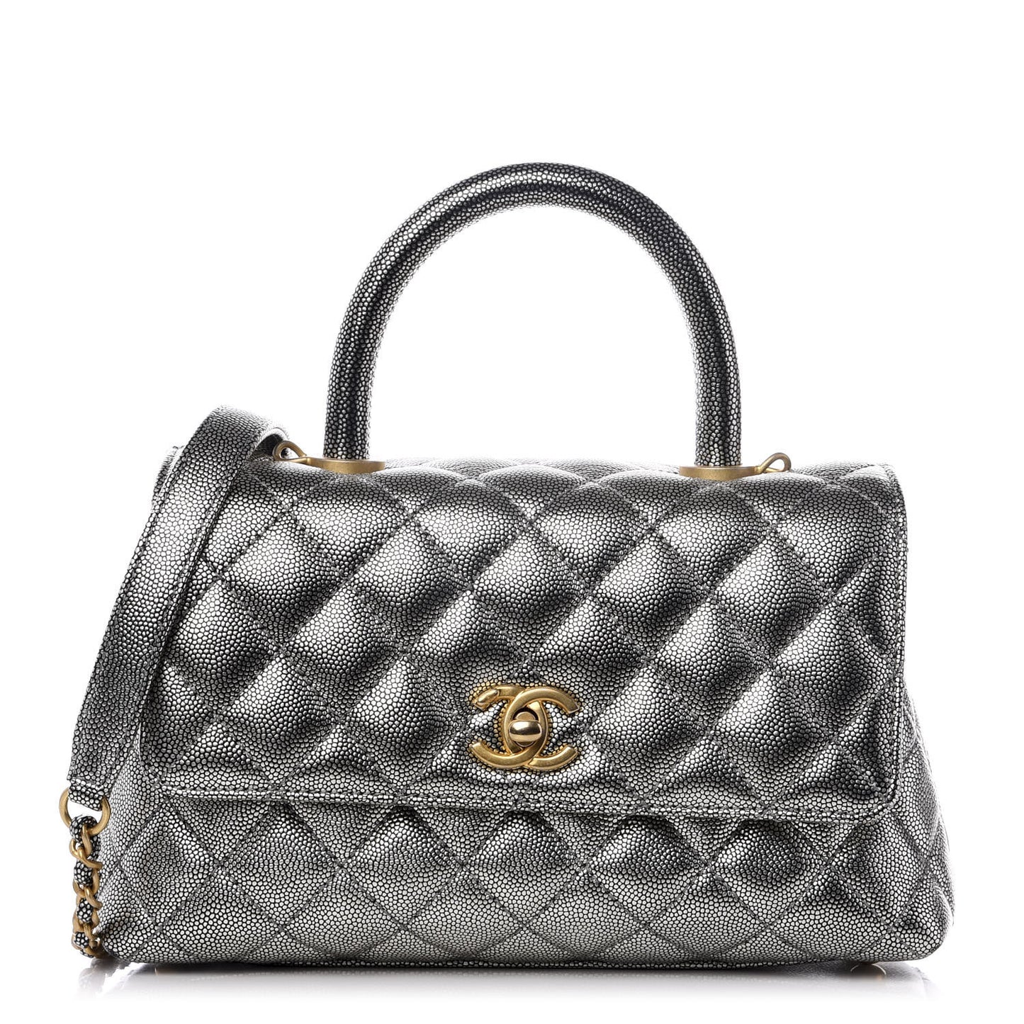 Metallic Caviar Quilted Mini Coco Handle Flap Silver