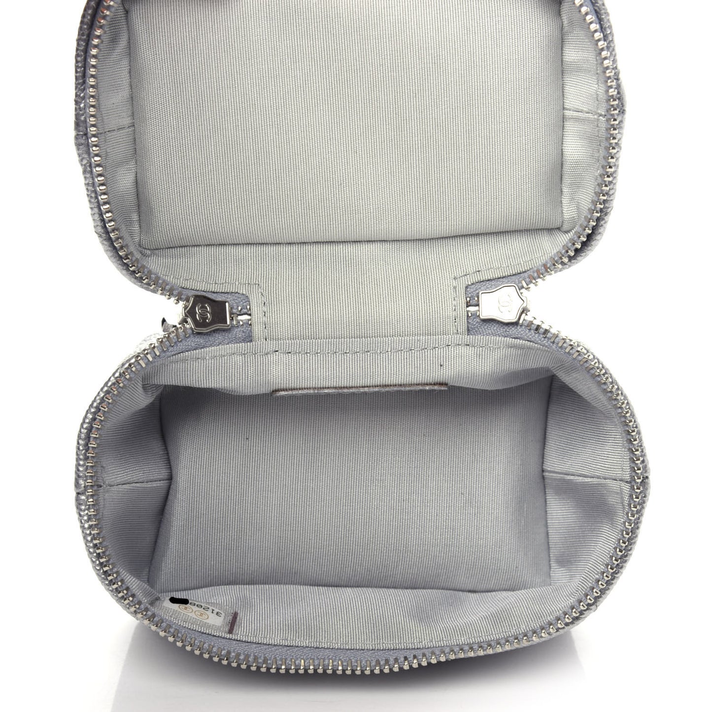 Metallic Caviar Quilted Mini Top Handle Vanity With Chain Silver