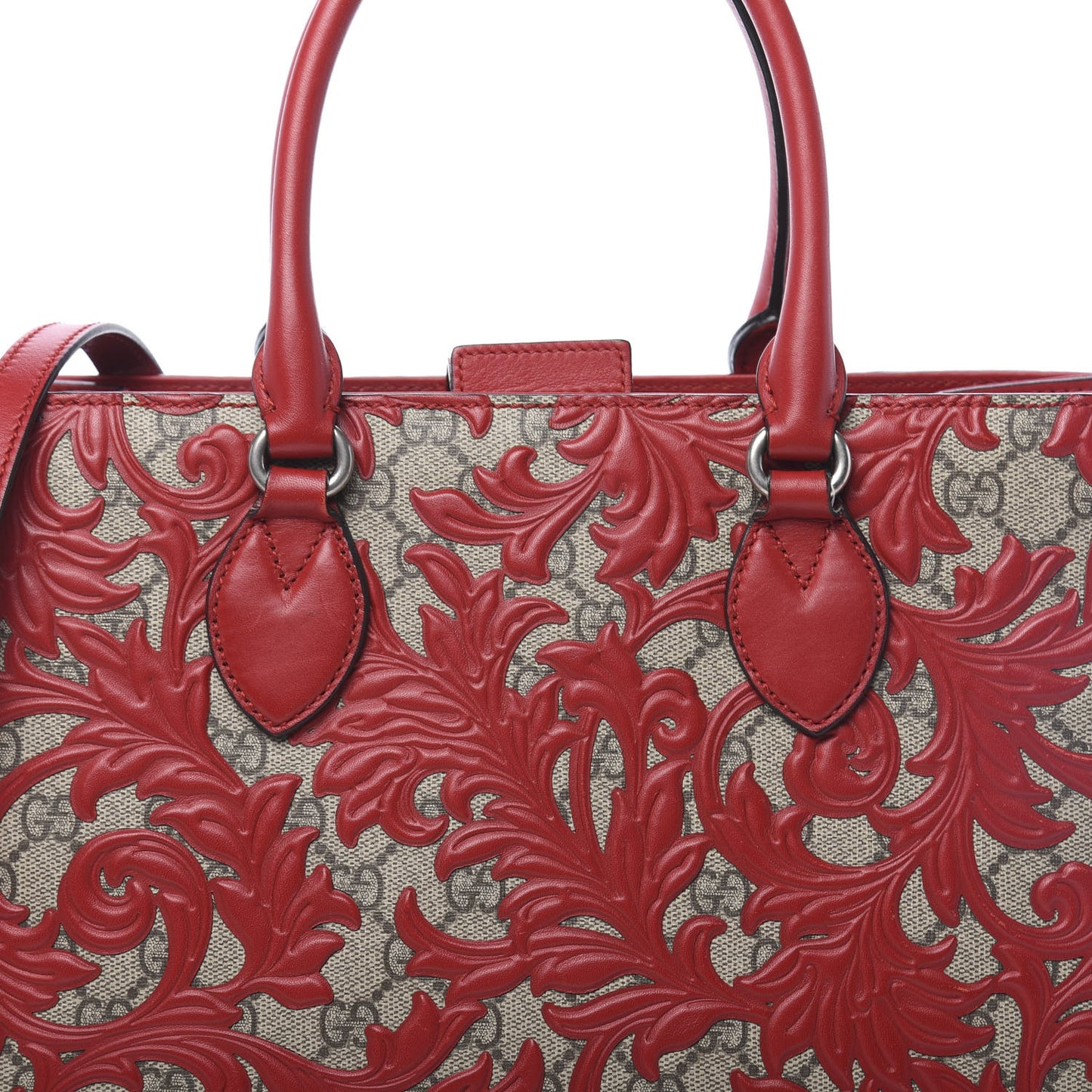 GG Supreme Monogram Arabesque Small Top Handle Bag Beige Hibiscus Red