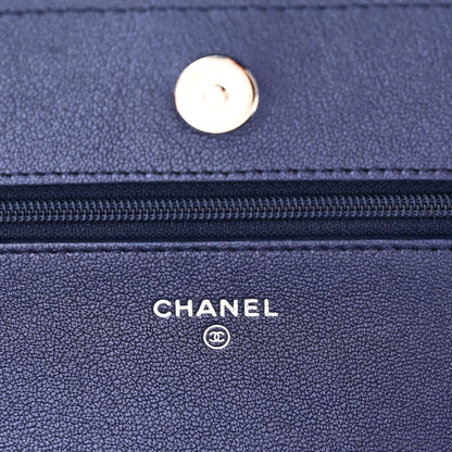 Chanel Metallic Sheepskin Chevron Quilted Vintage Mademoiselle Wallet On Chain WOC Navy 6 of 11
