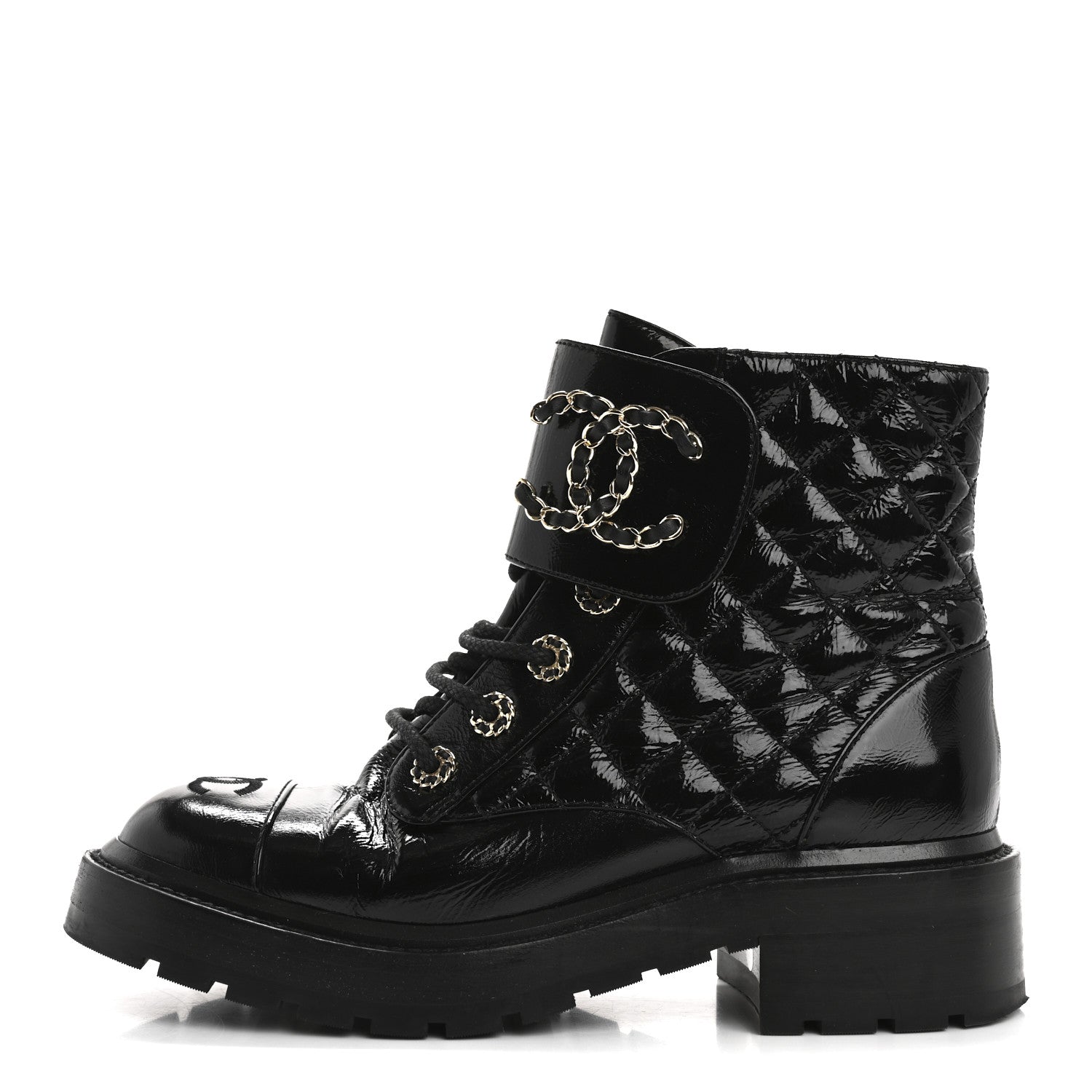 Chanel Shiny Lambskin Quilted Lace Up Combat Boots 37 Black 1 of 15