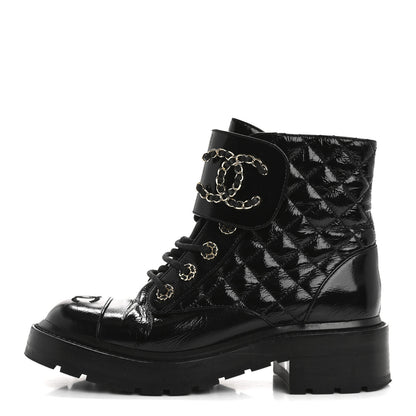 Chanel Shiny Lambskin Quilted Lace Up Combat Boots 37 Black 1 of 15