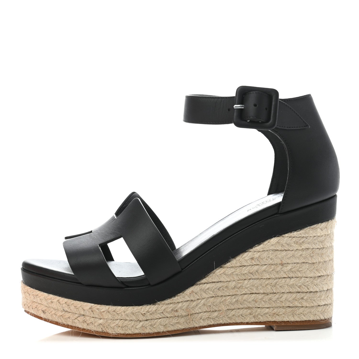 Hermes Calfskin Doll 60 Espadrille Wedge Sandals 37 Black 1 of 8