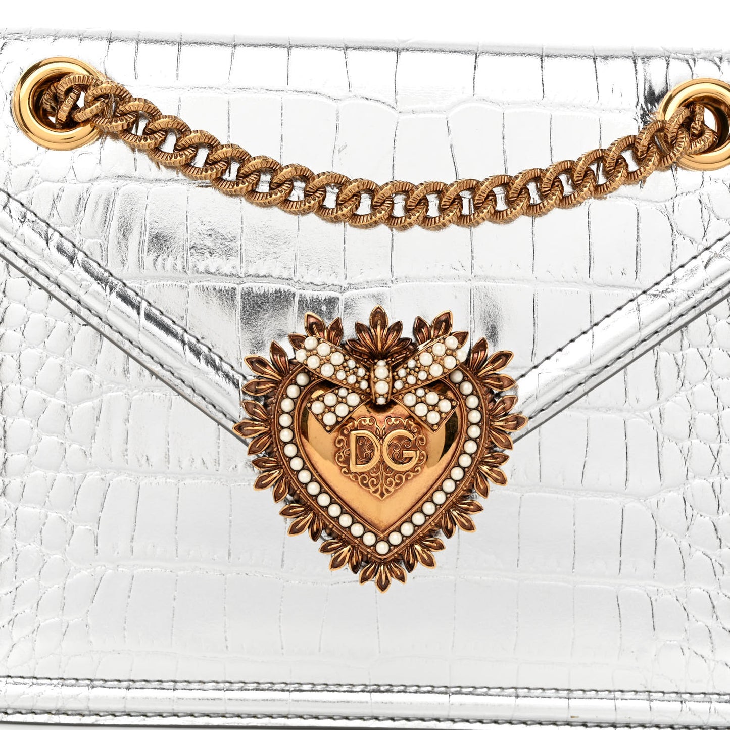 Metallic Calfskin Crocodile Embossed Mini Devotion Envelope Bag Silver