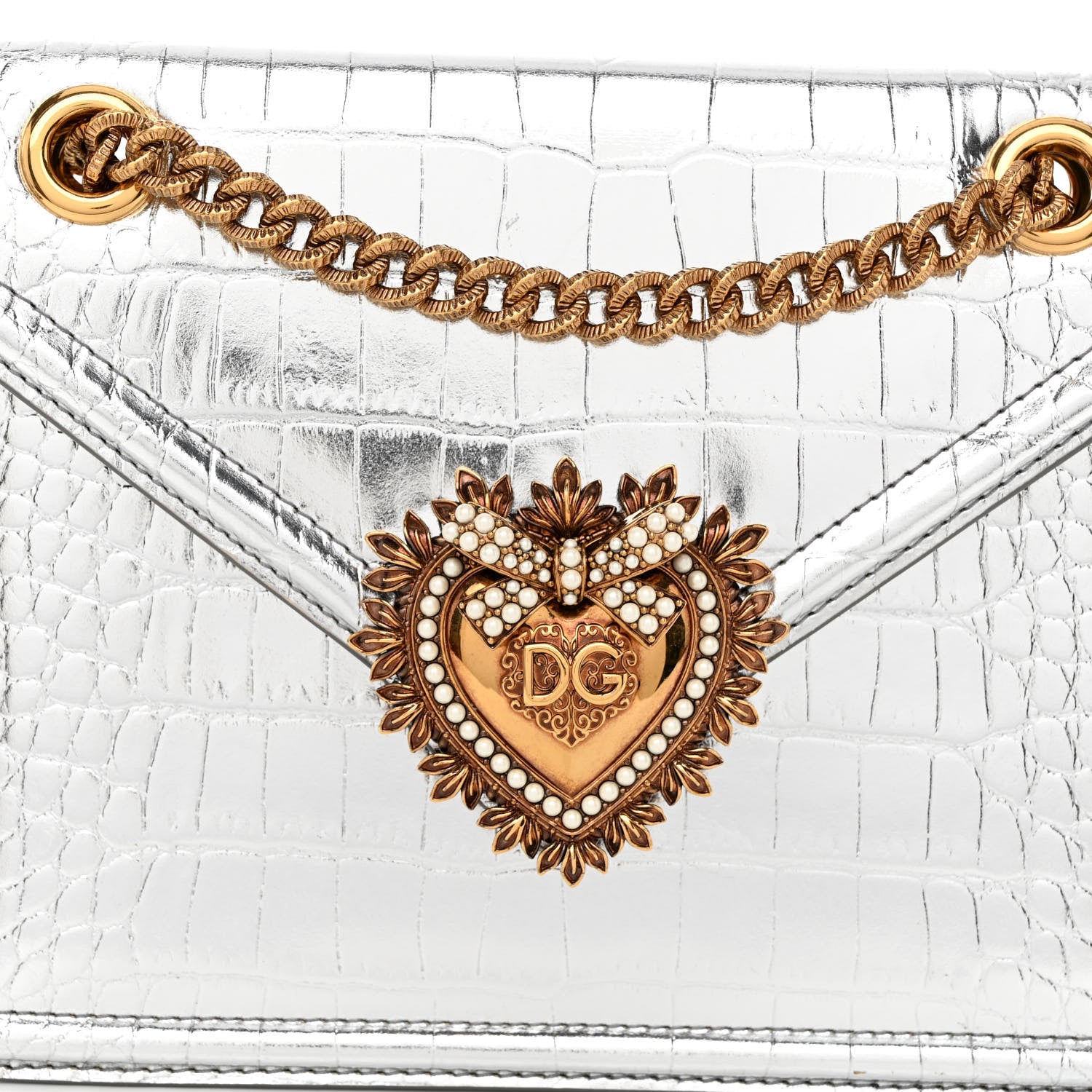 Dolce & Gabbana Metallic Calfskin Crocodile Embossed Mini Devotion Envelope Bag Silver 7 of 9