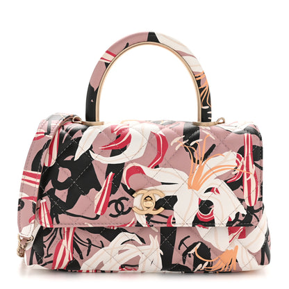 Chanel Calfskin Quilted Lily Floral Mini Coco Handle Flap Beige Black White Red 1 of 12